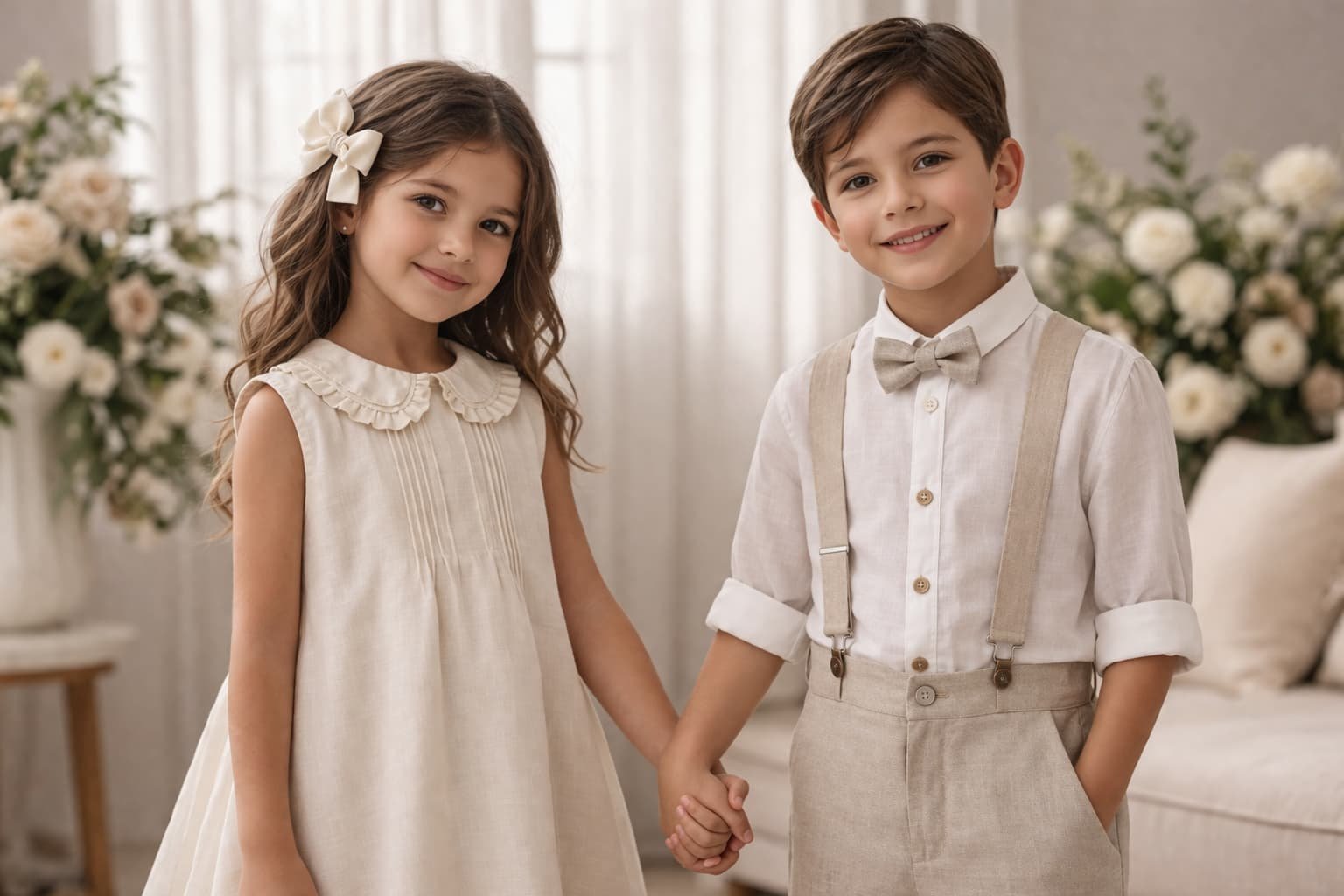 Niños vestidos con ropa infantil elegante de lino en tonos neutros, conjunto para hermanos ideal para eventos y celebraciones
