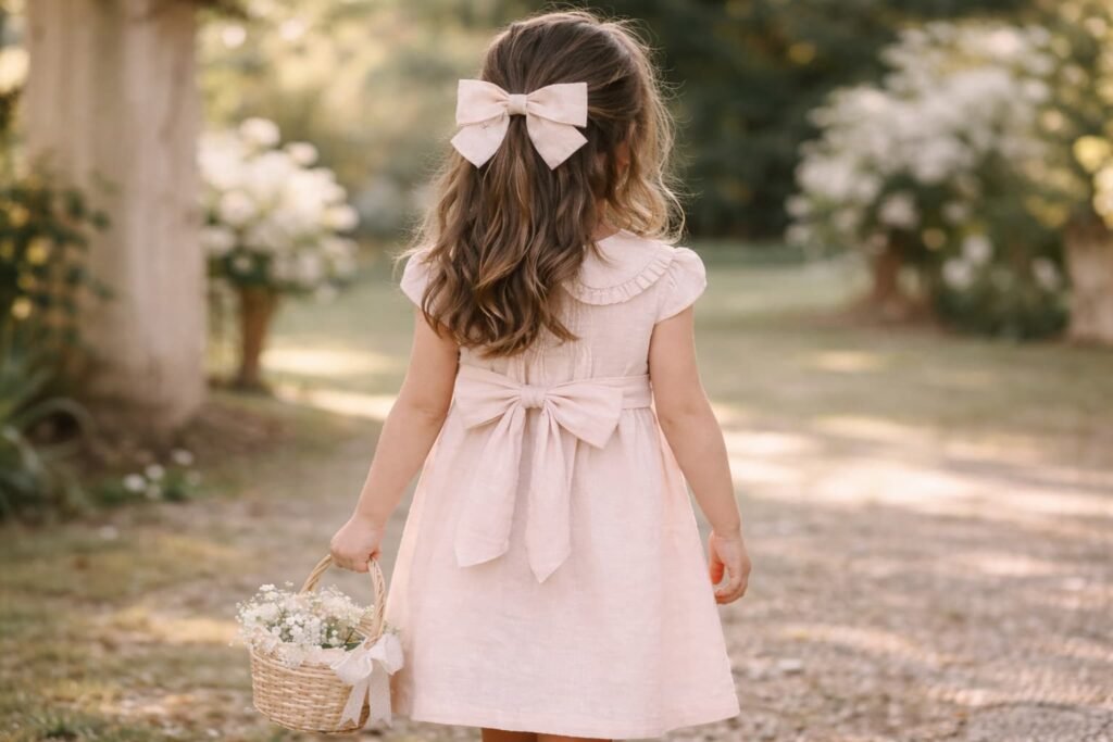 Niña de arras con vestido elegante de lino en color rosa empolvado y lazo en el pelo caminando con cesta de flores