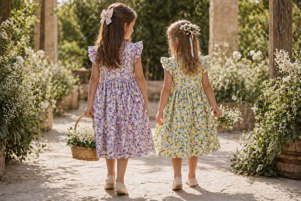 Niñas con vestidos de ceremonia para niñas en lino natural caminando con cestas de flores en una boda