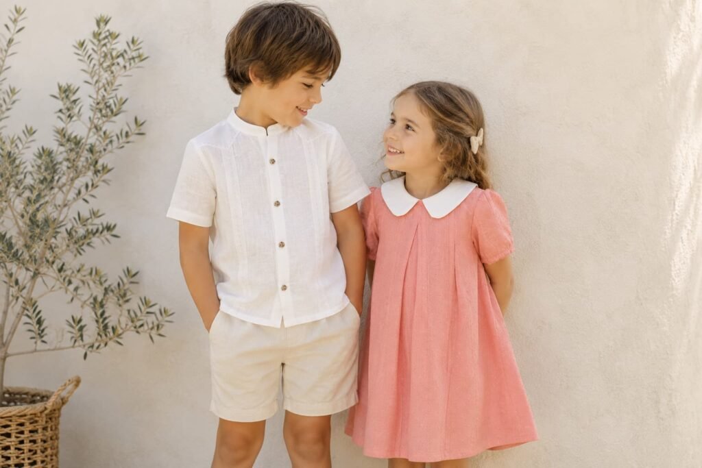 Ropa infantil de lino para niños con camisa natural y vestido rosa