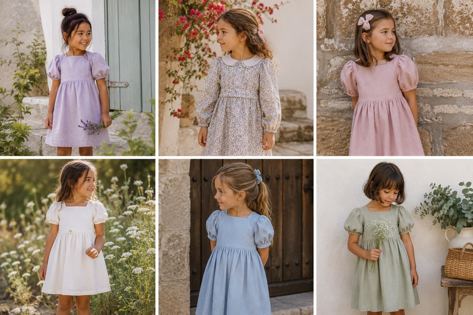 Niñas con vestidos manga farol en tonos suaves y diseños infantiles de estilo artesanal.