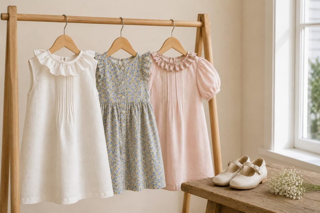 Tres vestidos infantiles artesanales para hermanas de comunión en tonos blanco, azul floral y rosa empolvado.