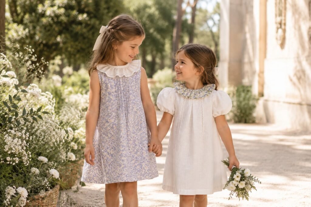 Dos hermanas con vestidos coordinados de estilo artesanal para una comunión