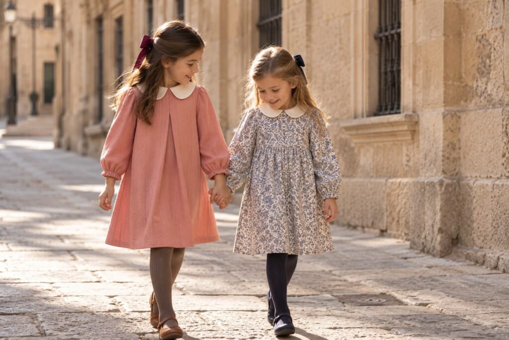 Dos niñas con vestidos de otoño caminando por una calle de piedra